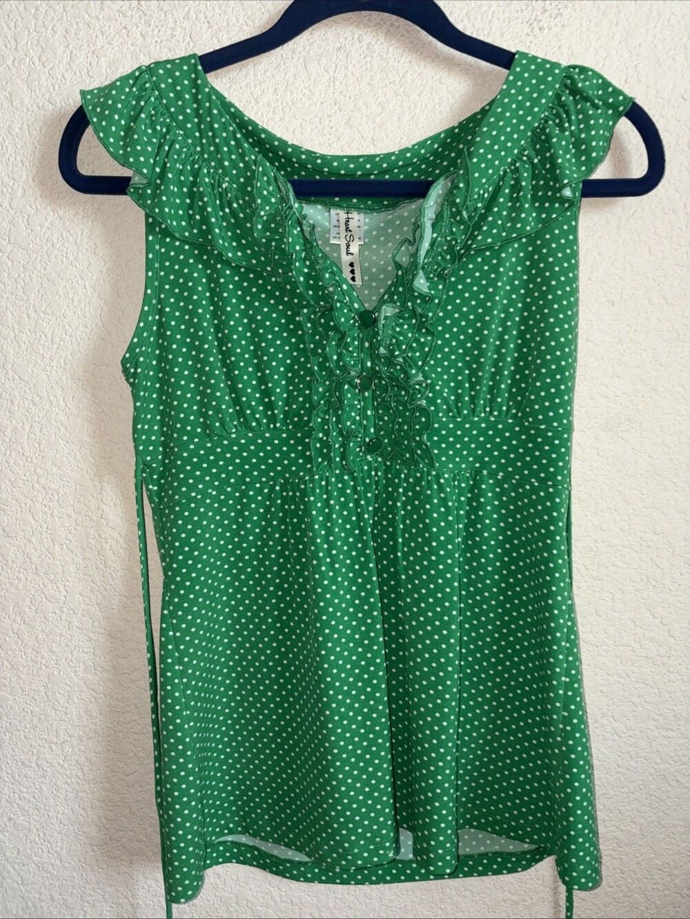 Polka Dot Babydoll Tank Top Ruffles Green Coquette Waist Tie Y2K Button Sexy m